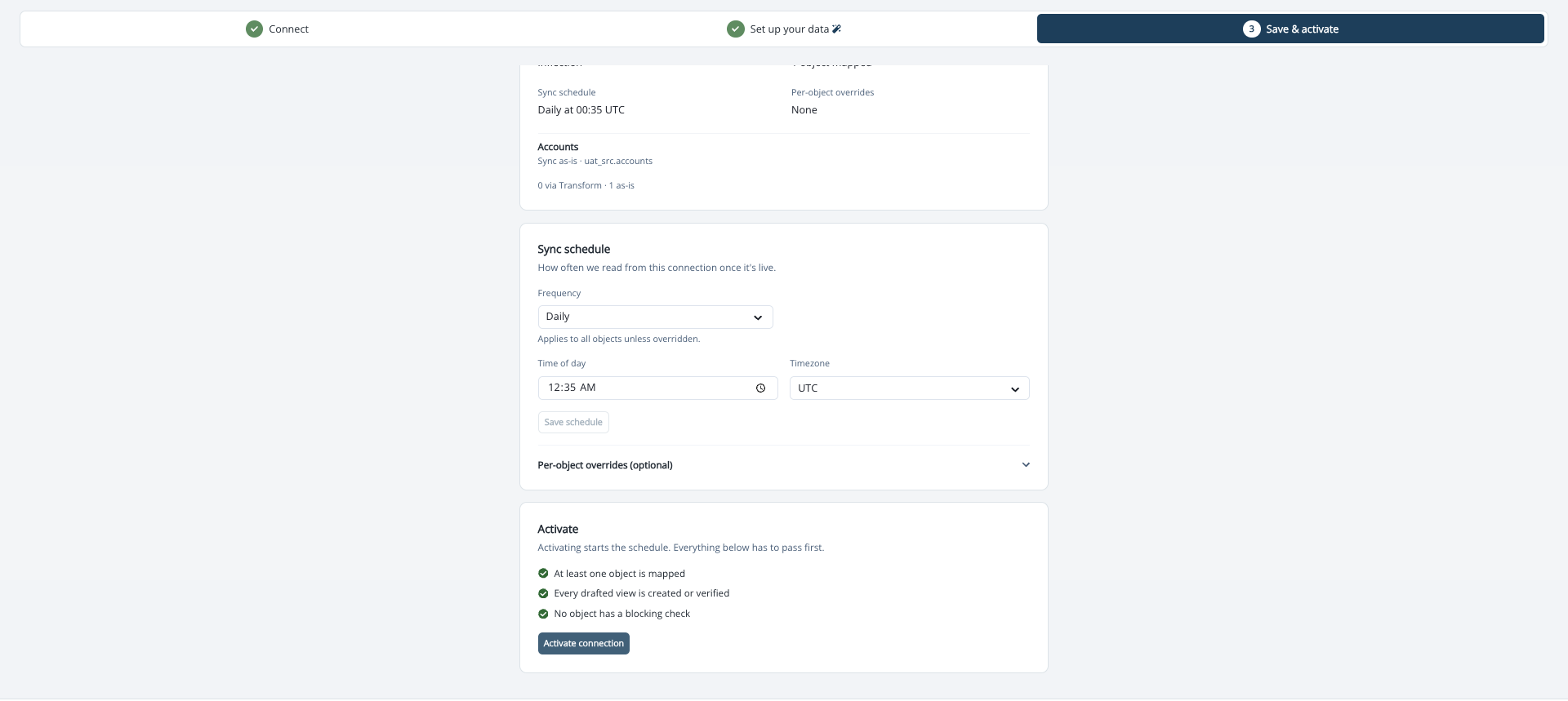 Save & activate step with the sync schedule and the Activate connection requirements