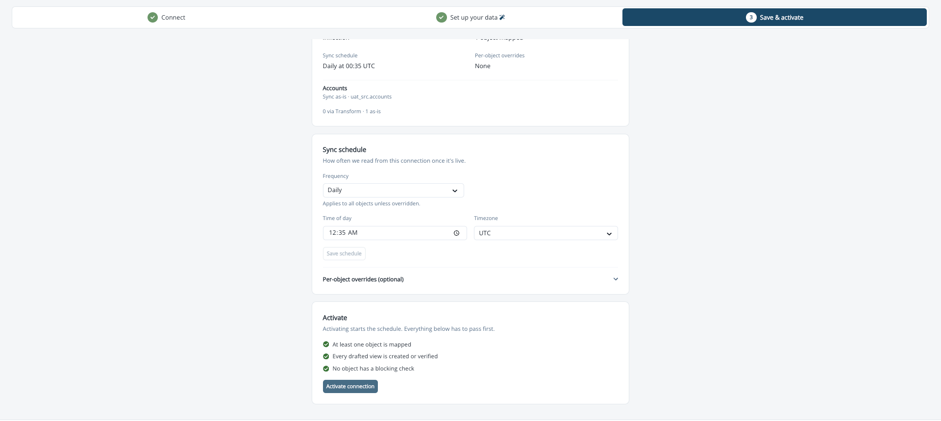 Save & activate step with the sync schedule and the Activate connection requirements