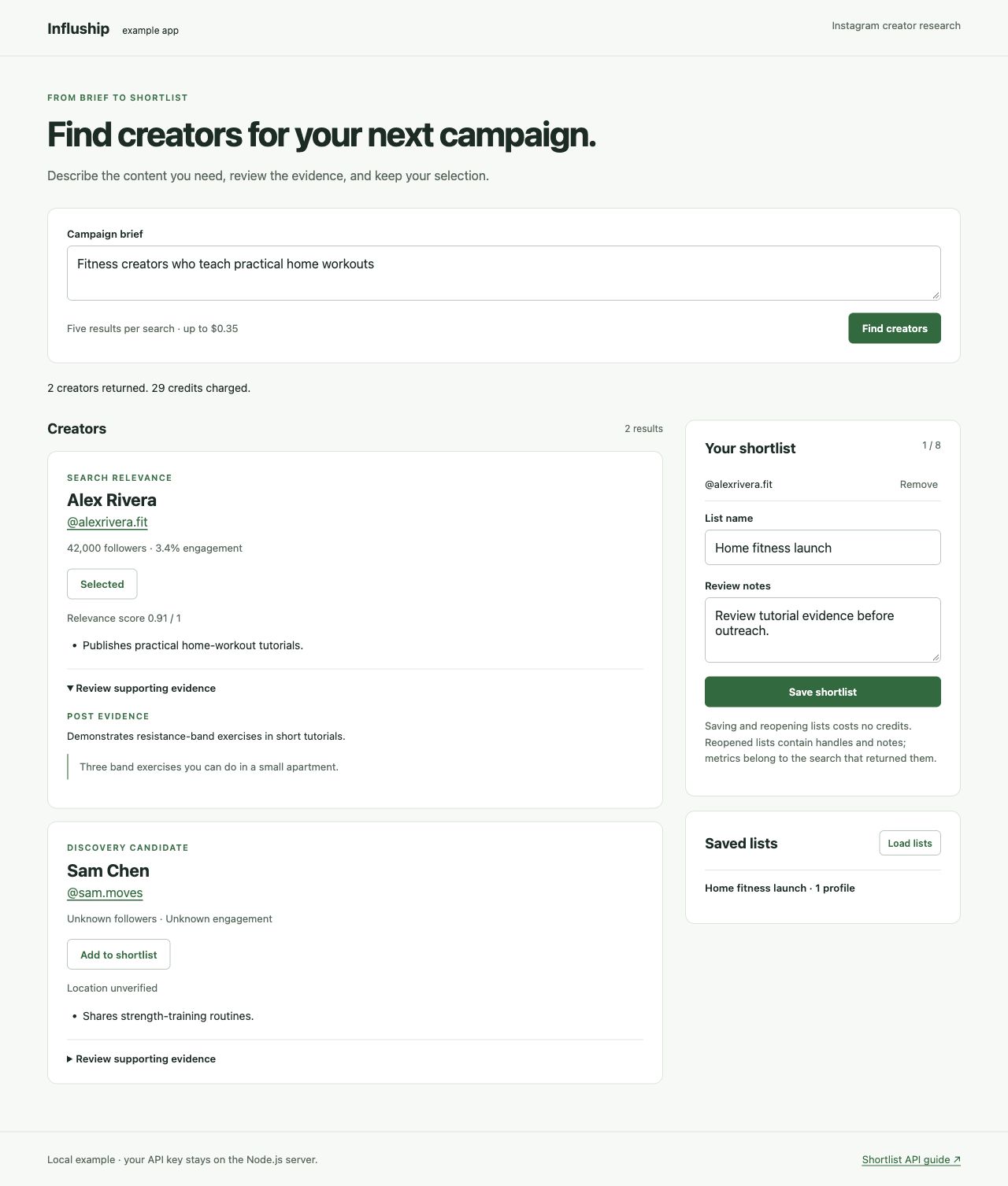 Creator research app showing search evidence and a saved shortlist