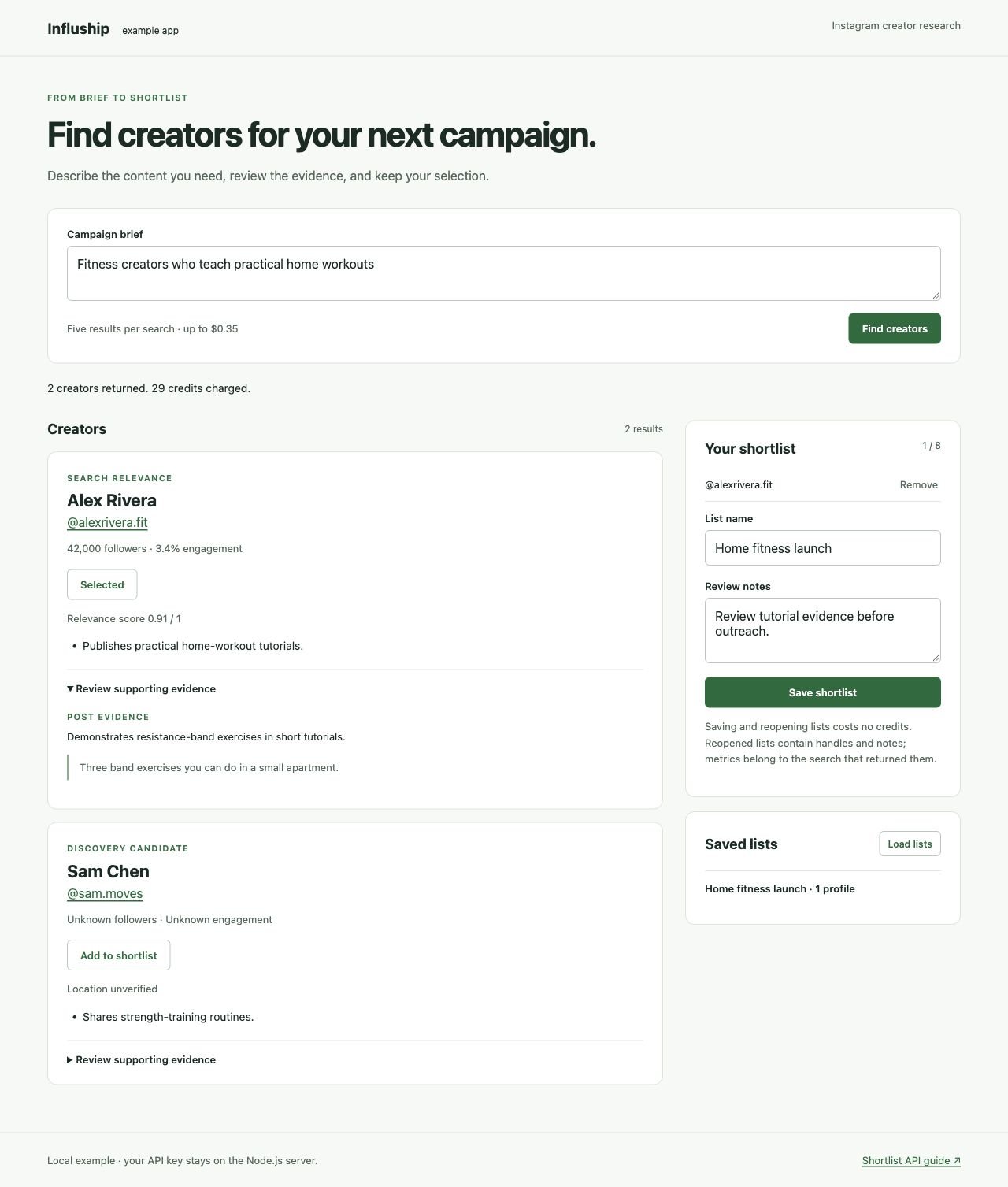Creator research app showing search evidence and a saved shortlist