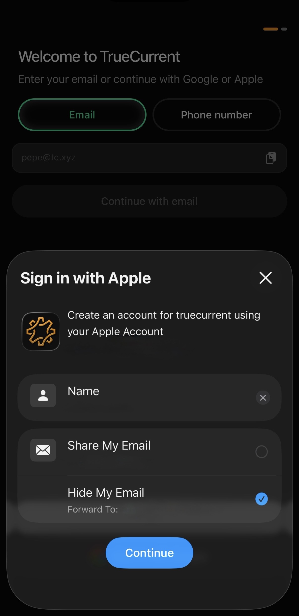 Sign in with Apple sheet showing name and email-sharing options.