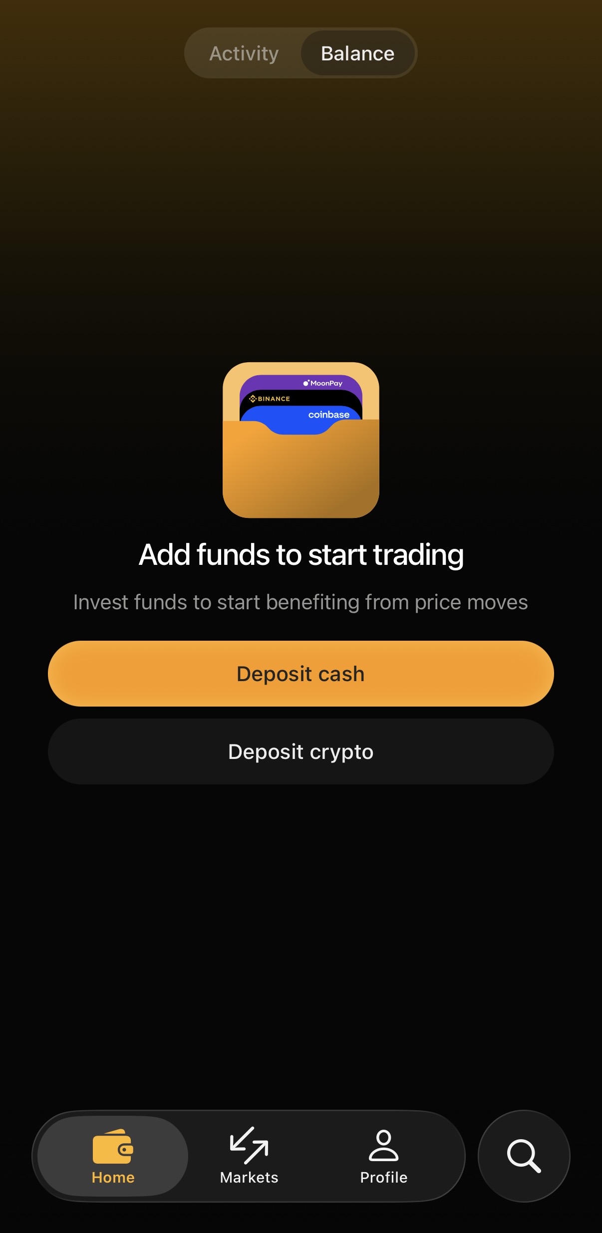 Home tab showing the Add funds to start trading empty state.