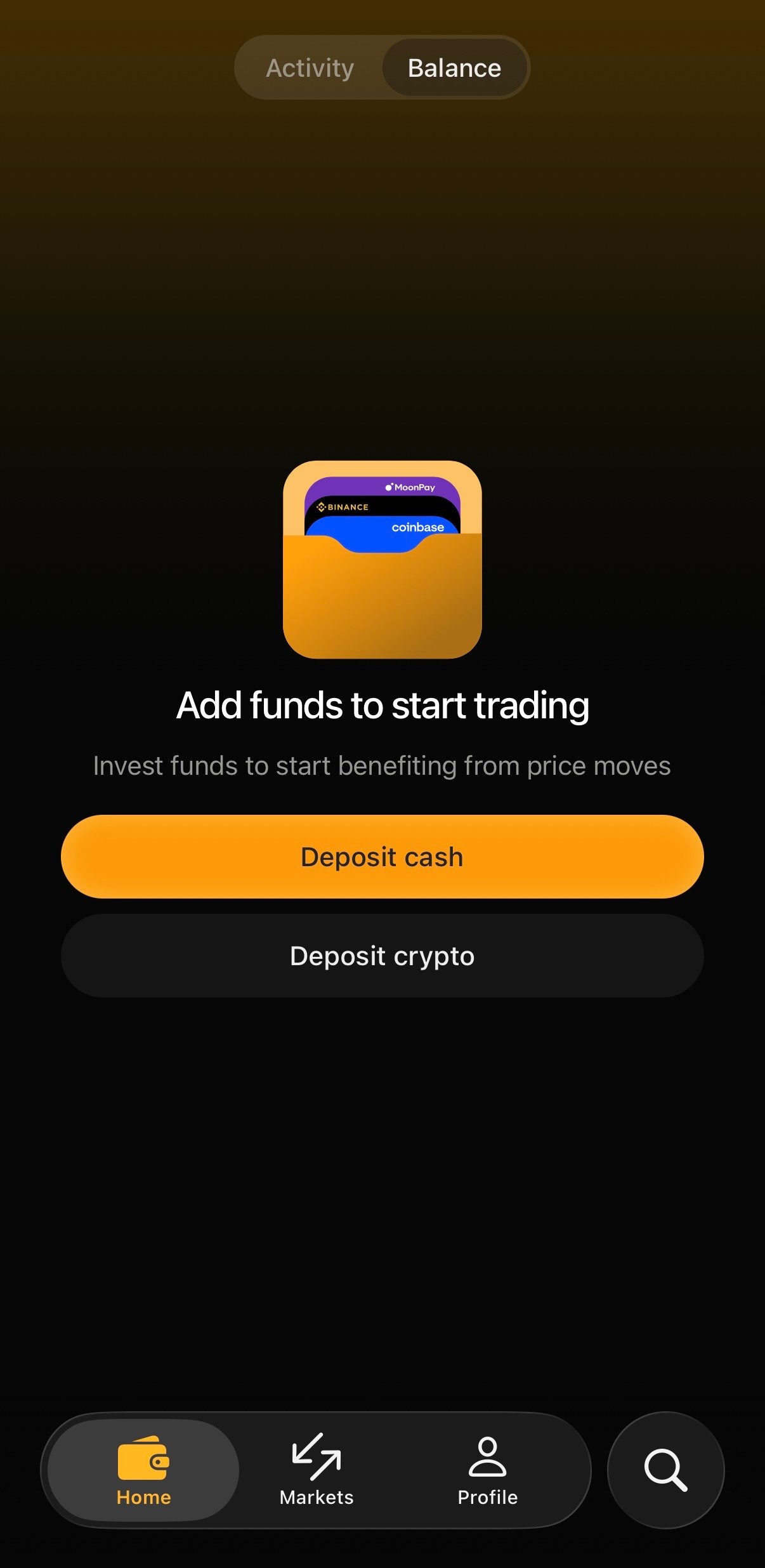 Home tab showing the Add funds to start trading empty state.