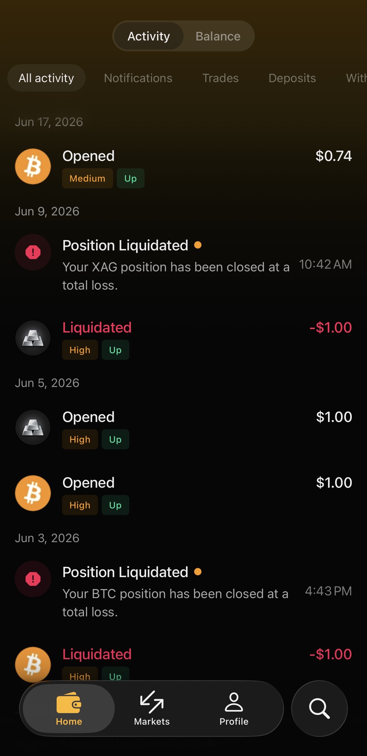Activity tab showing recent activity including opened positions and liquidations.