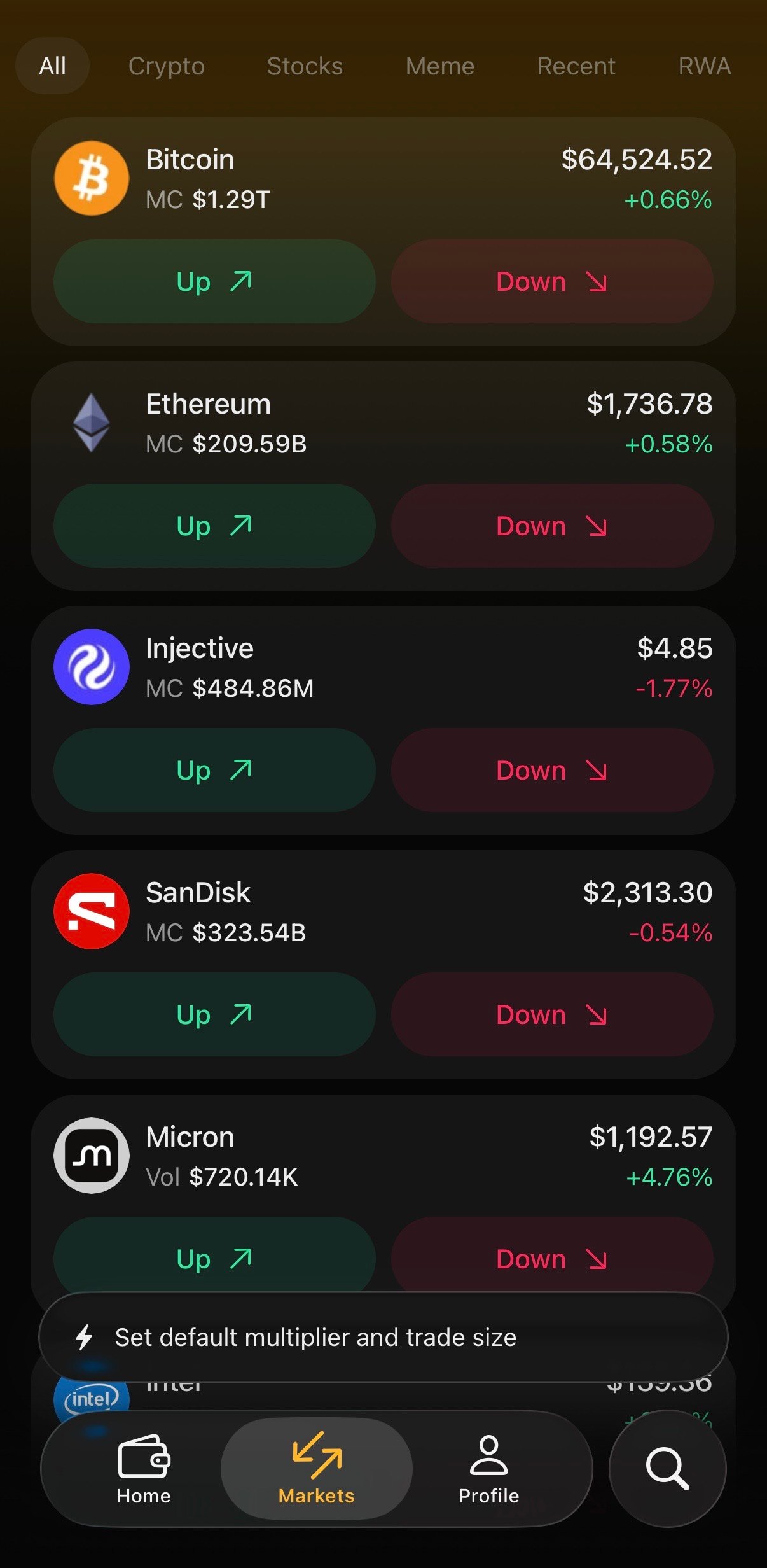TrueCurrent mobile app Markets tab showing assets with Up and Down trading buttons.