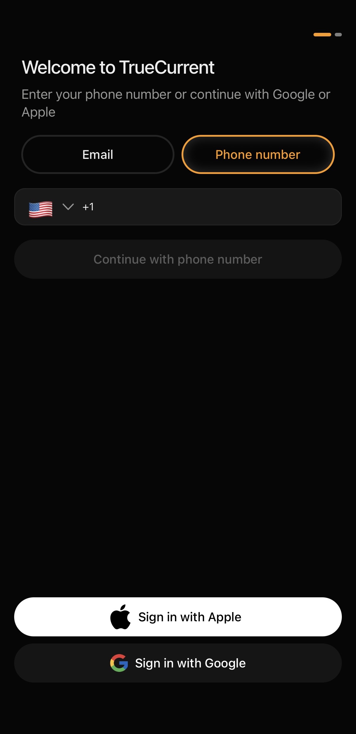 Phone number entry screen for sign-in.