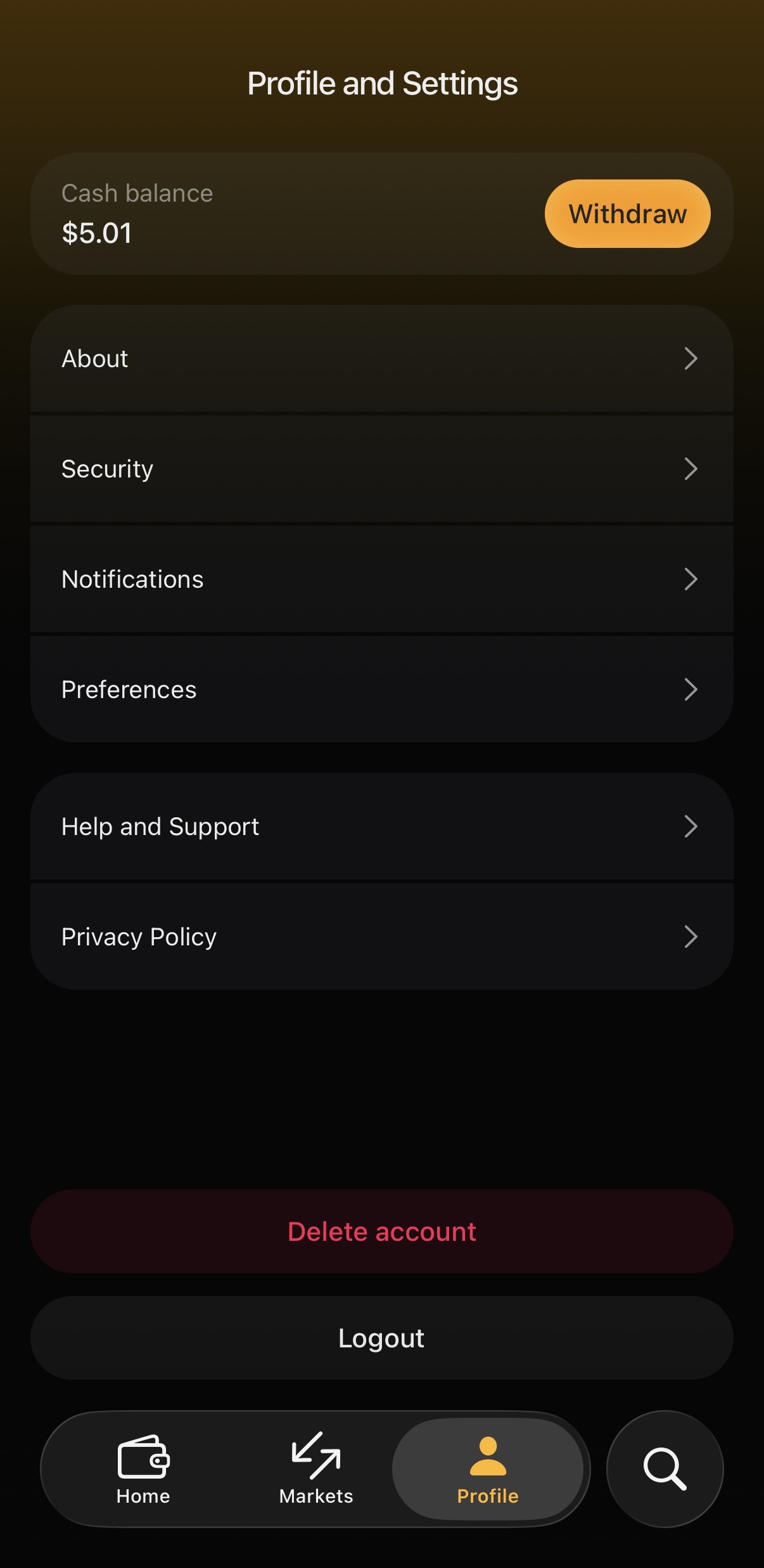 Profile and Settings screen.