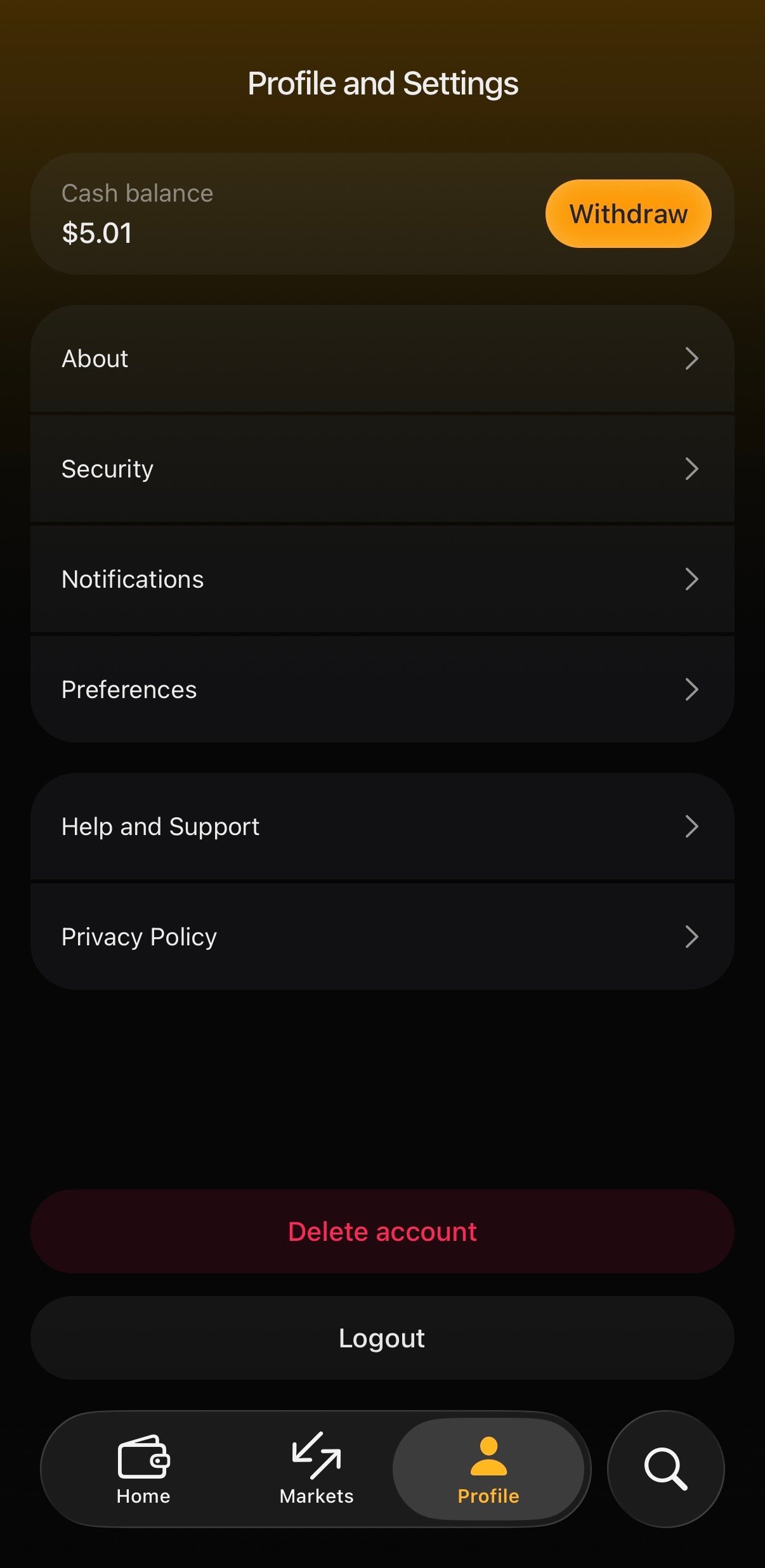 Profile and Settings screen.