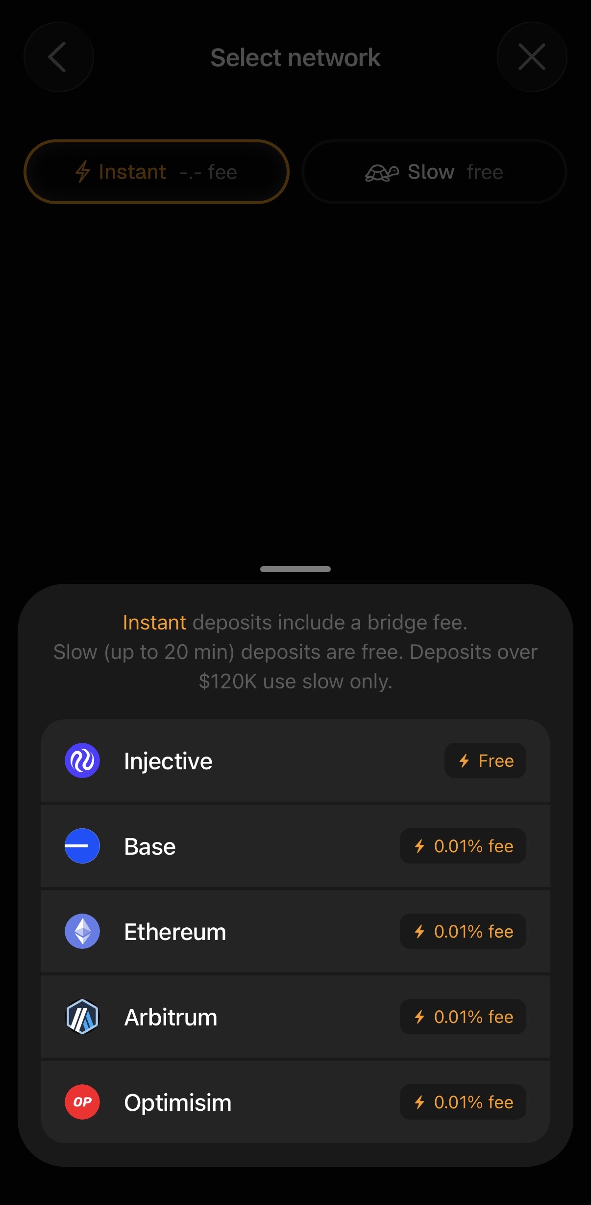 Select network screen with Instant and Slow toggle and supported network list.