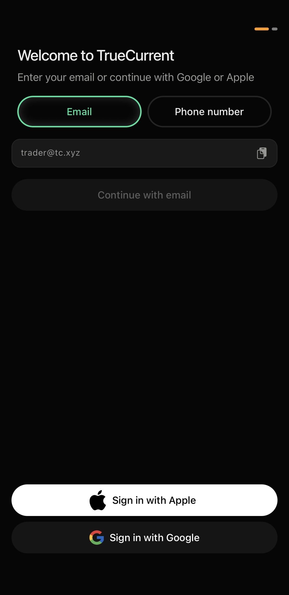 TrueCurrent mobile sign-in screen showing email, phone, and social options.