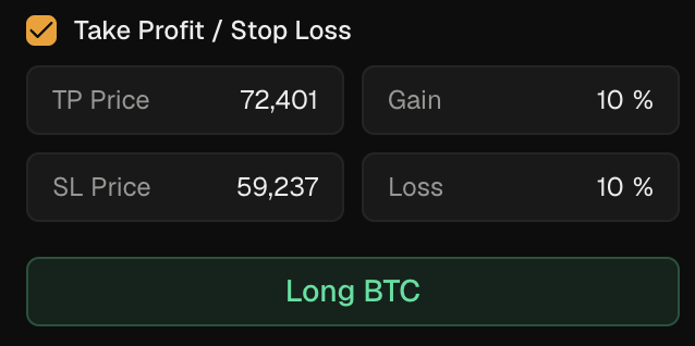 TP/SL section expanded on a BTC long order, showing TP Price 72,401 with 10% gain and SL Price 59,237 with 10% loss.