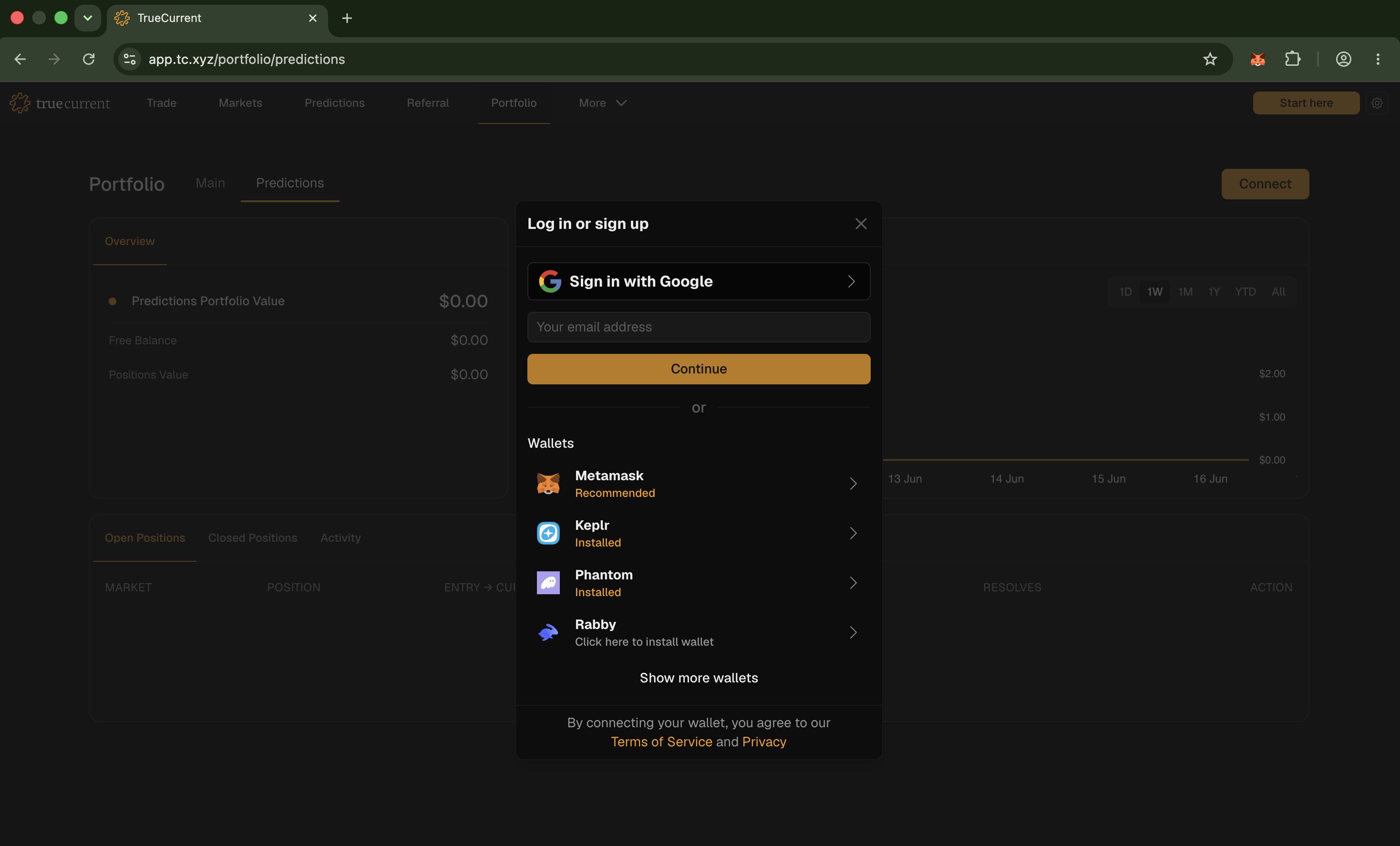 Wallet picker modal opened from the top-right "Start here" button, showing the supported wallets.