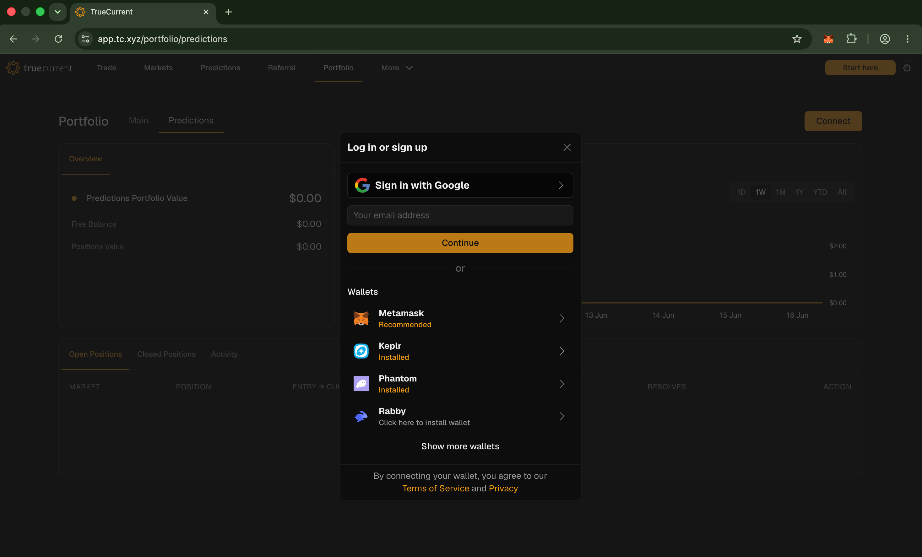 Wallet picker modal opened from the top-right "Start here" button, showing the supported wallets.