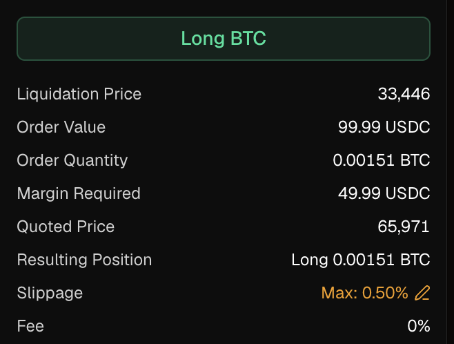 Trade panel summary on BTC showing the Long BTC submit button, liquidation price, order value, order quantity, margin required, quoted price (65,971), resulting position (Long 0.00151 BTC), max slippage (0.50%), and fee (0%).