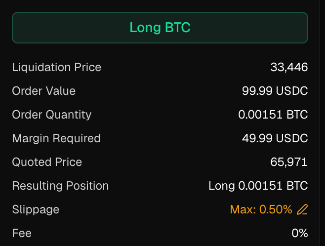 Trade panel summary on BTC showing the Long BTC submit button, liquidation price, order value, order quantity, margin required, quoted price (65,971), resulting position (Long 0.00151 BTC), max slippage (0.50%), and fee (0%).