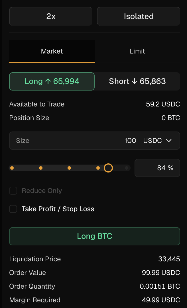 Trade panel showing 2x isolated leverage on BTC, market order tab, size of 100 USDC at 84% of available balance, with computed order quantity (0.00151 BTC) and margin required (49.99 USDC).