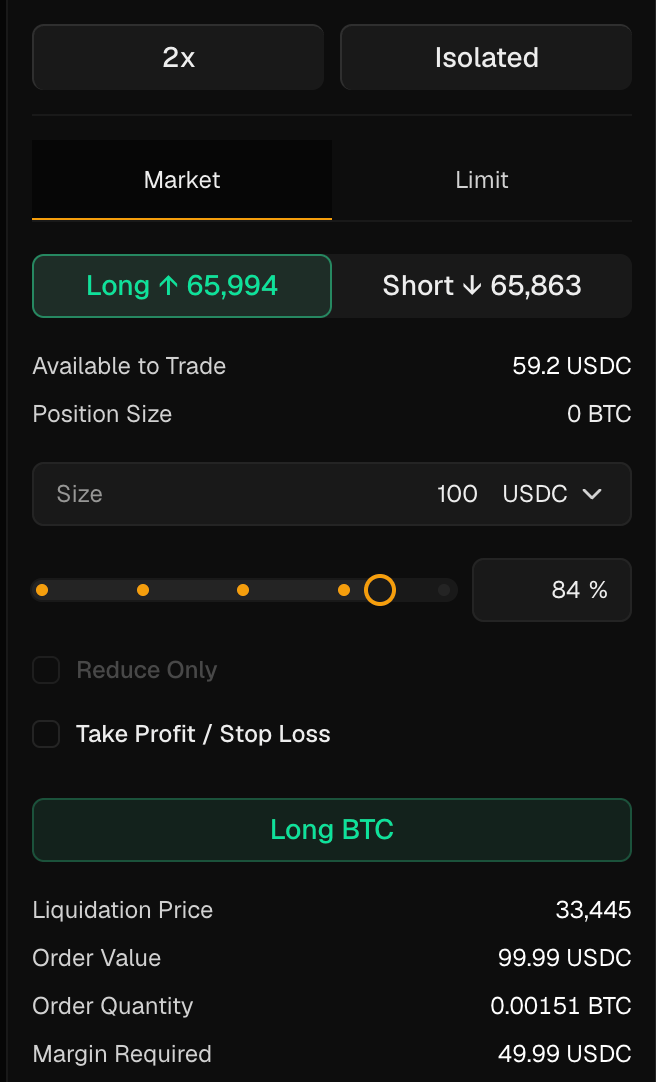 Trade panel showing 2x isolated leverage on BTC, market order tab, size of 100 USDC at 84% of available balance, with computed order quantity (0.00151 BTC) and margin required (49.99 USDC).