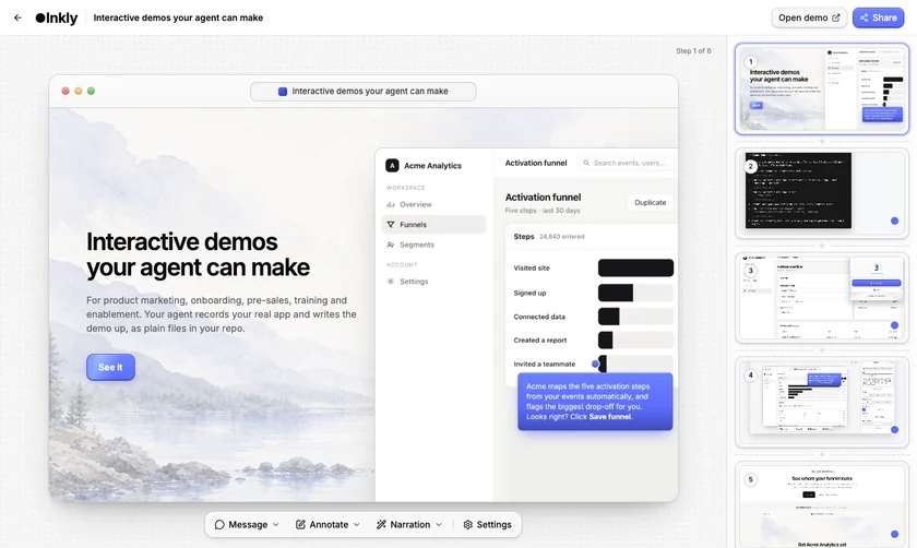 The editor: the step strip on the right, the preview in the middle, the annotation toolbar below, and a hotspot opened for editing