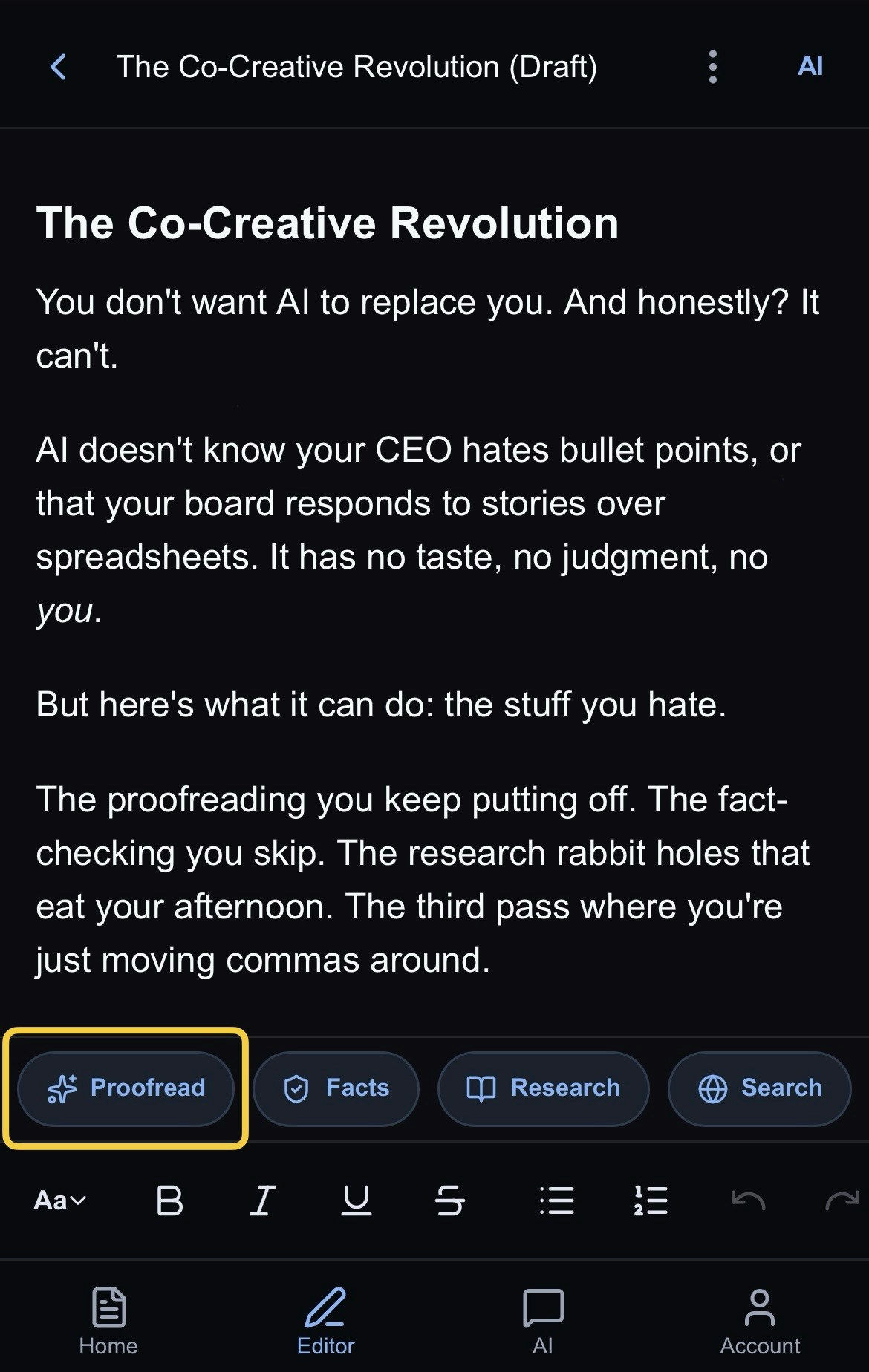Proofreading button in toolbar