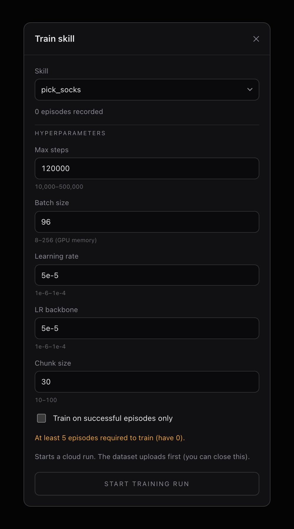 The web app's Train skill dialog