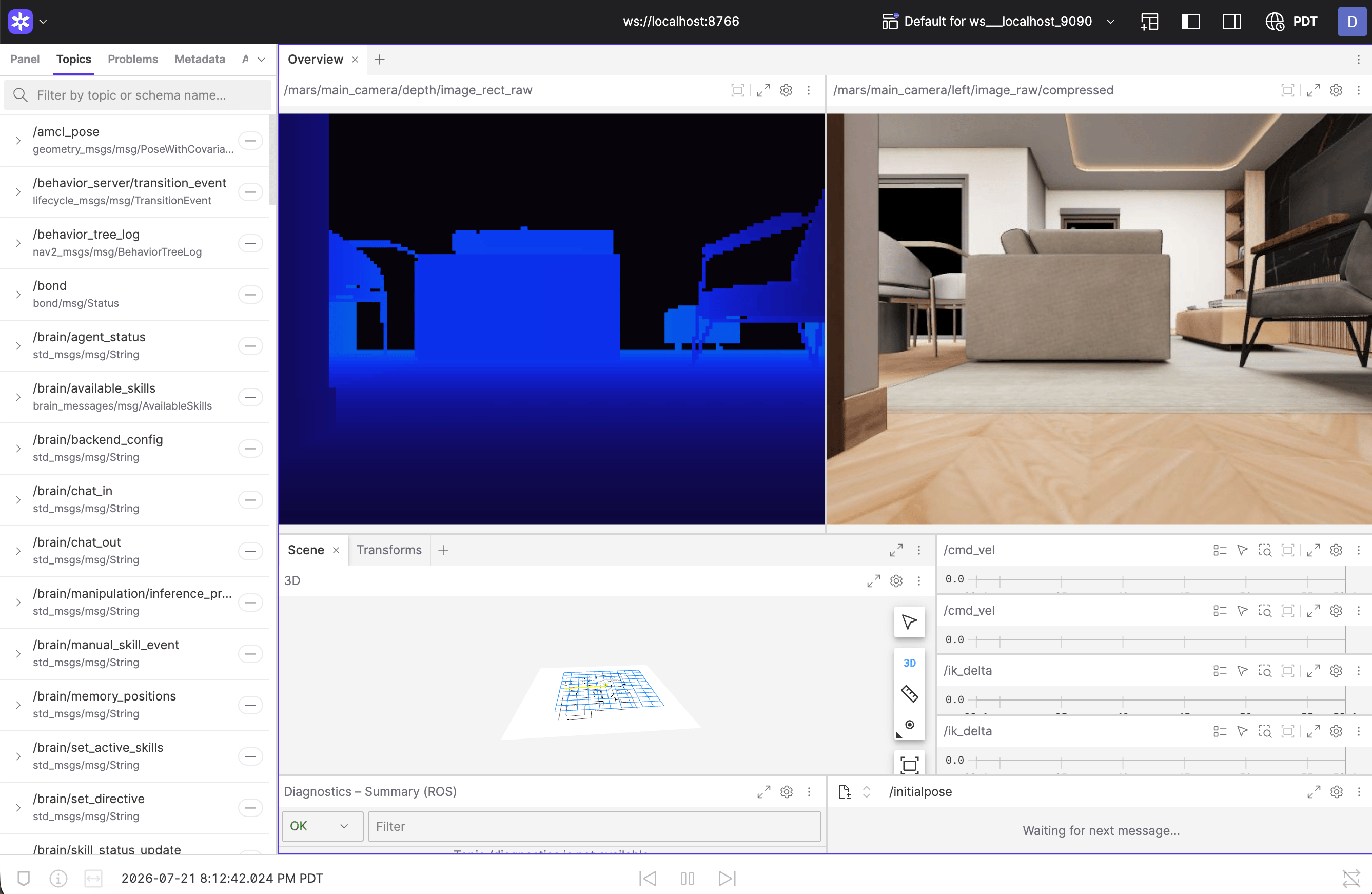 Foxglove visualizing the simulated MARS — cameras, map, laser scan, and TF frames