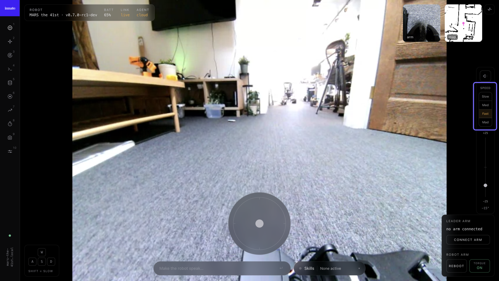 The speed mode picker on the web app's teleop right rail