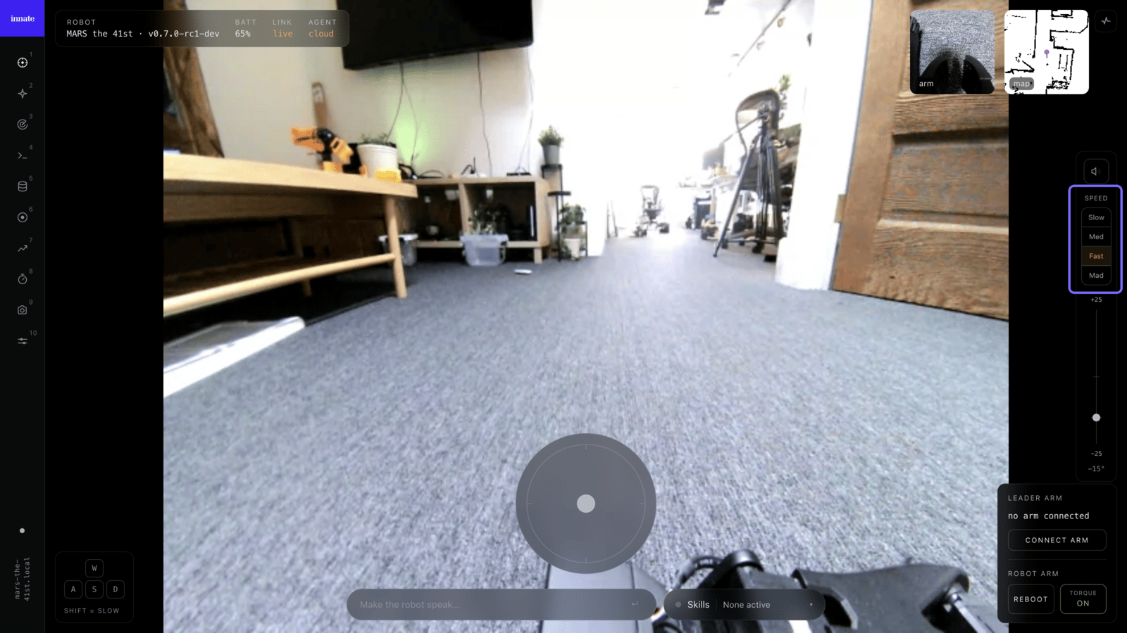 The speed mode picker on the web app's teleop right rail