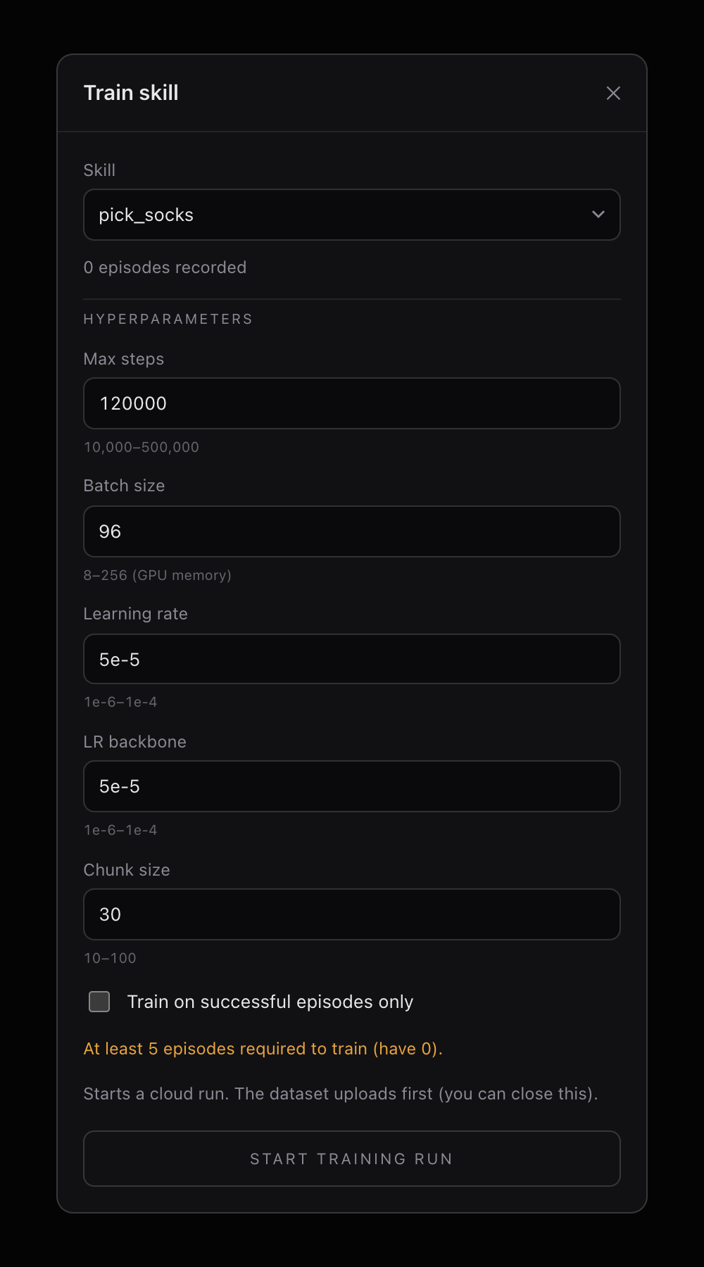 The web app's Train skill dialog