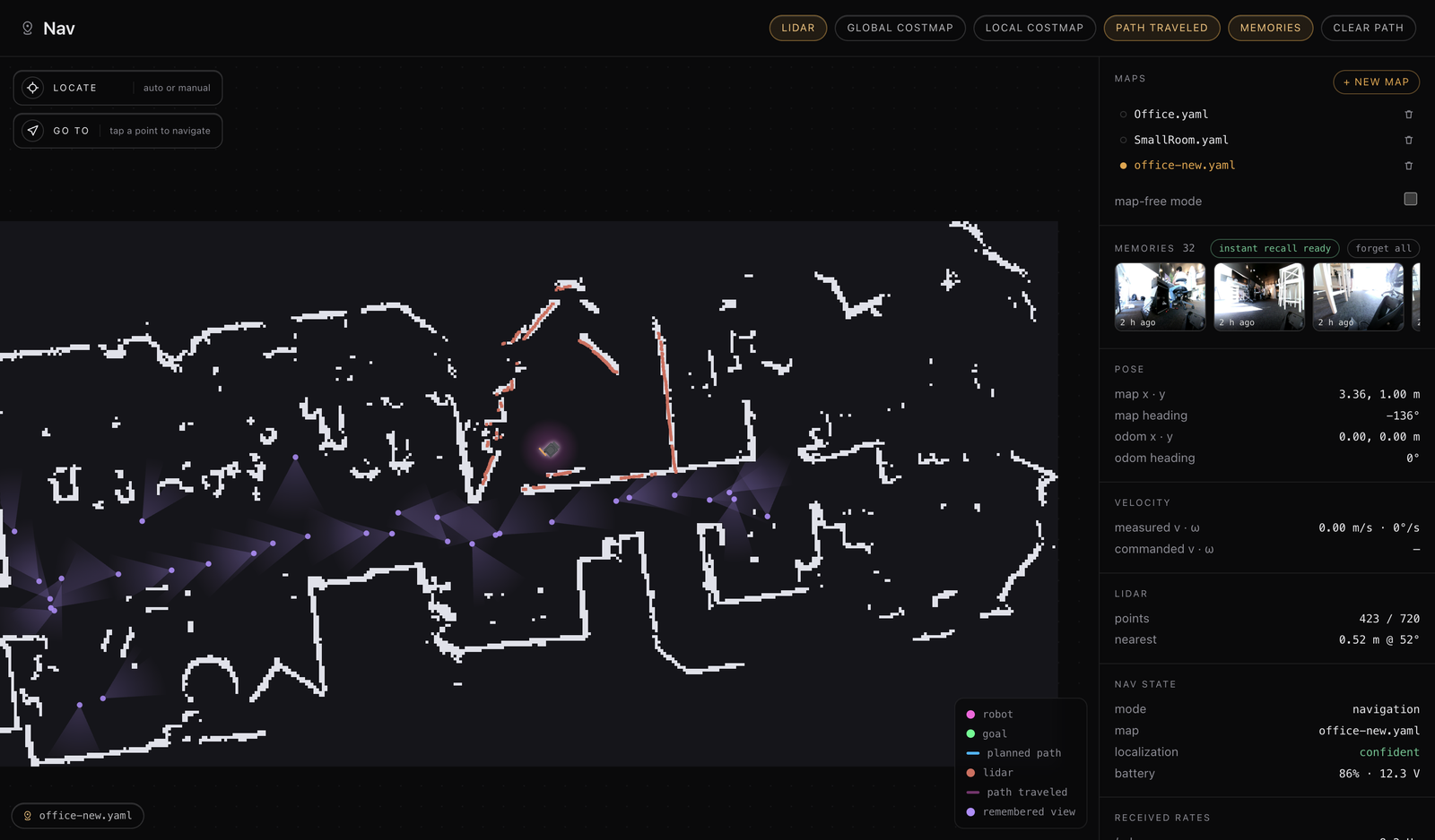 Remembered views on the map, in the web app's Nav page