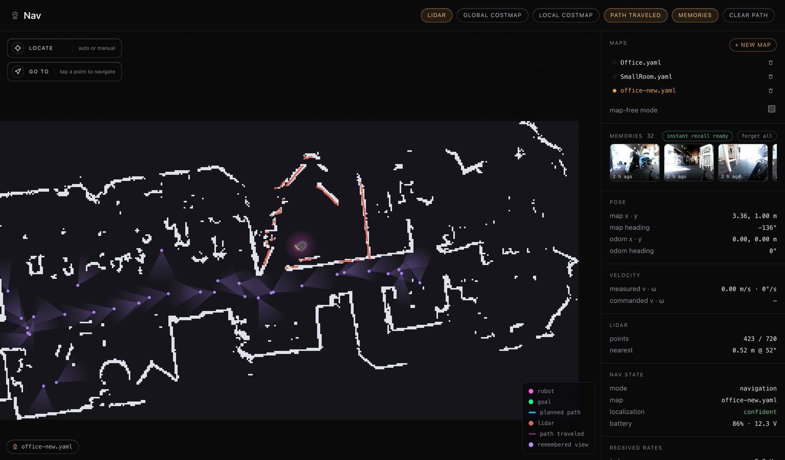 Remembered views on the map, in the web app's Nav page
