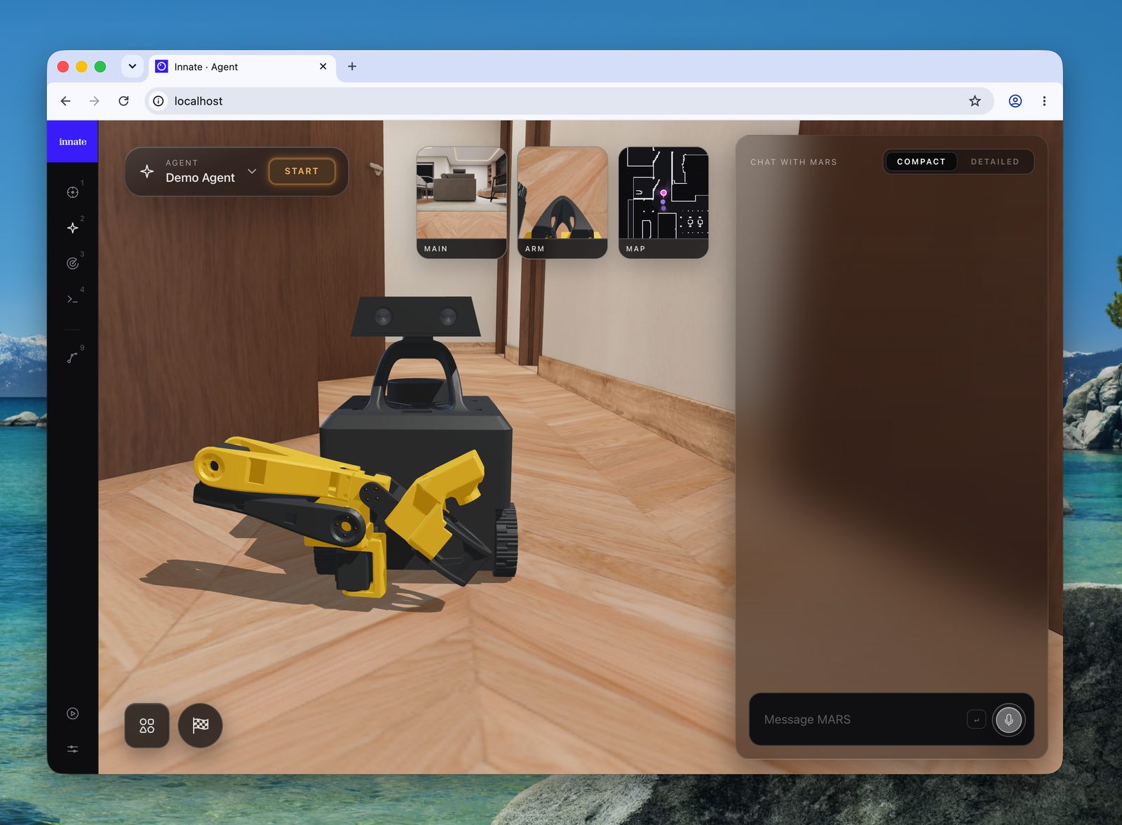 The Agent page of the web app, showing the simulated MARS