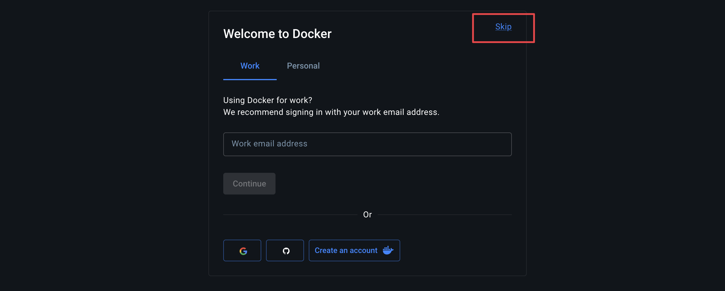Welcome to Docker sign-in screen with Skip highlighted