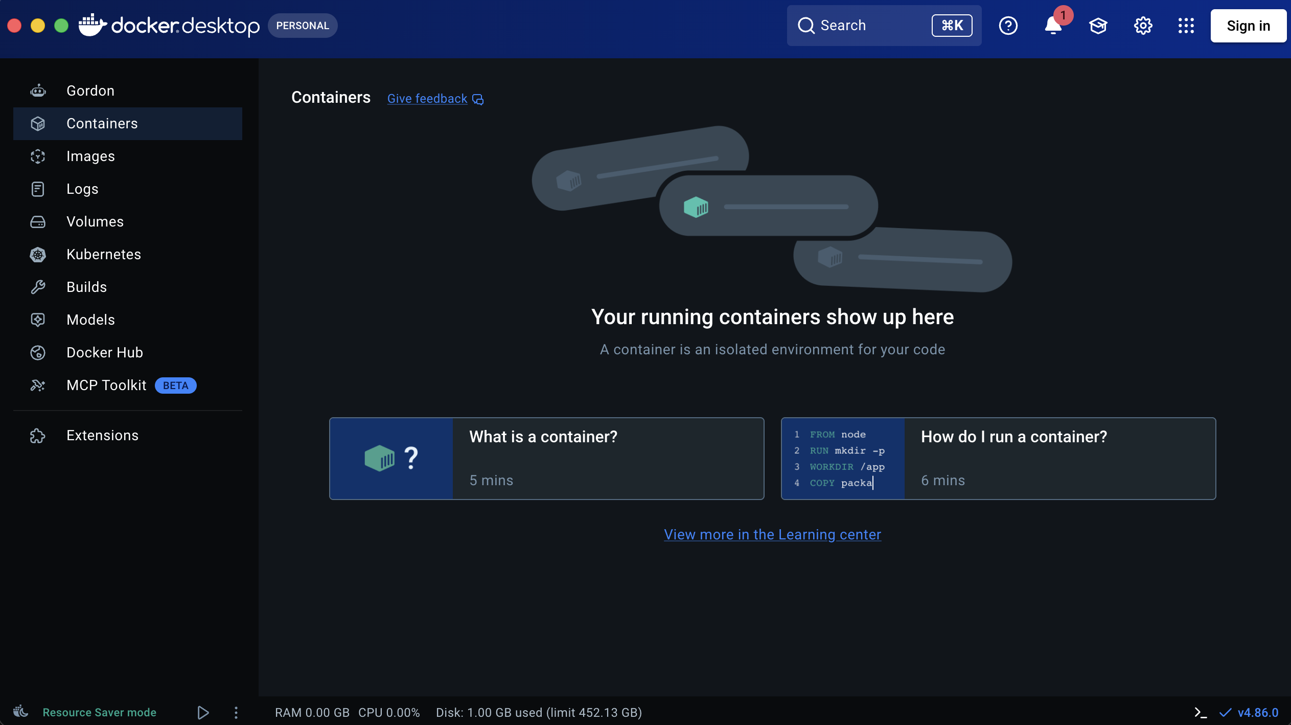 Docker Desktop with no running containers