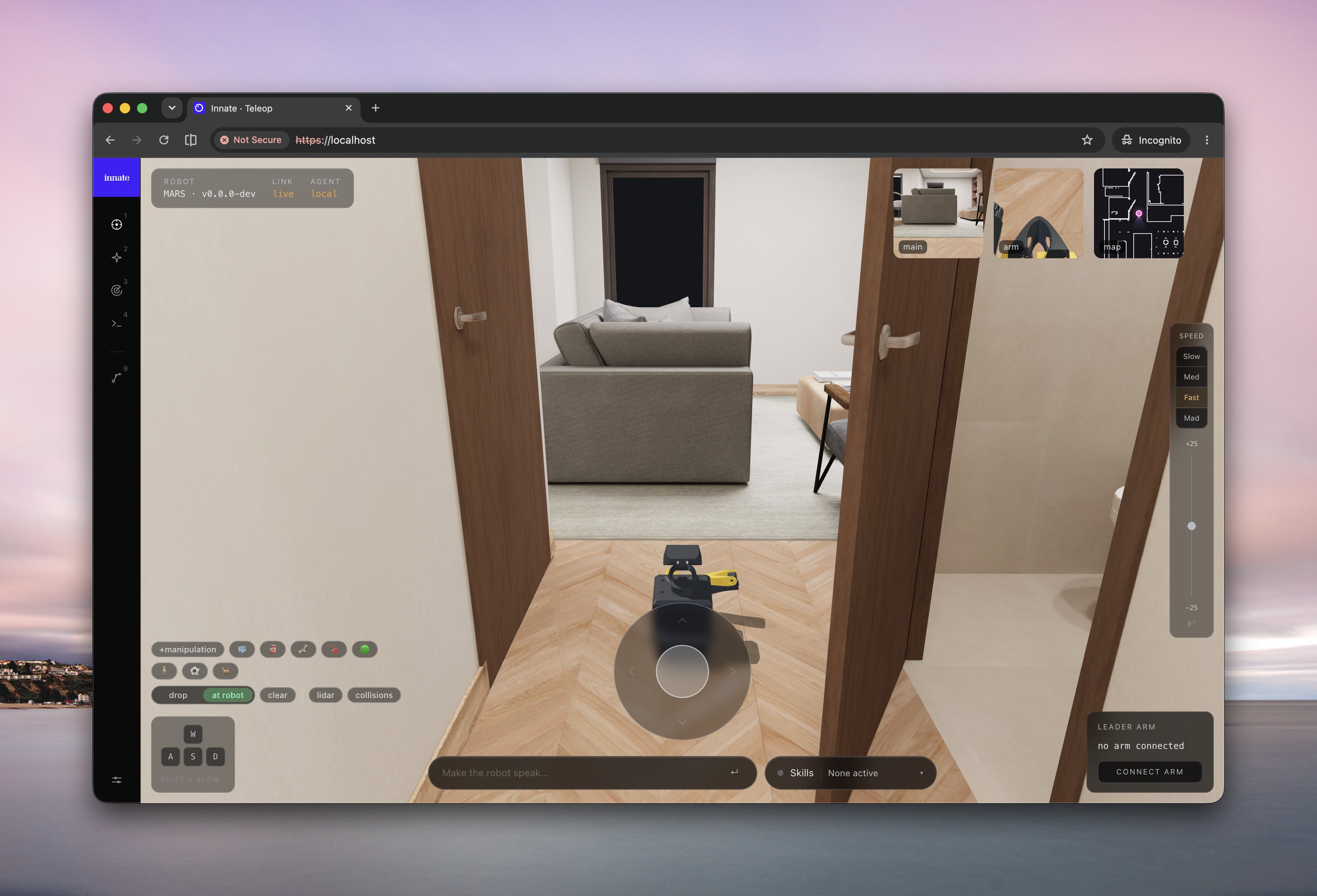 The simulator running in the MARS web app