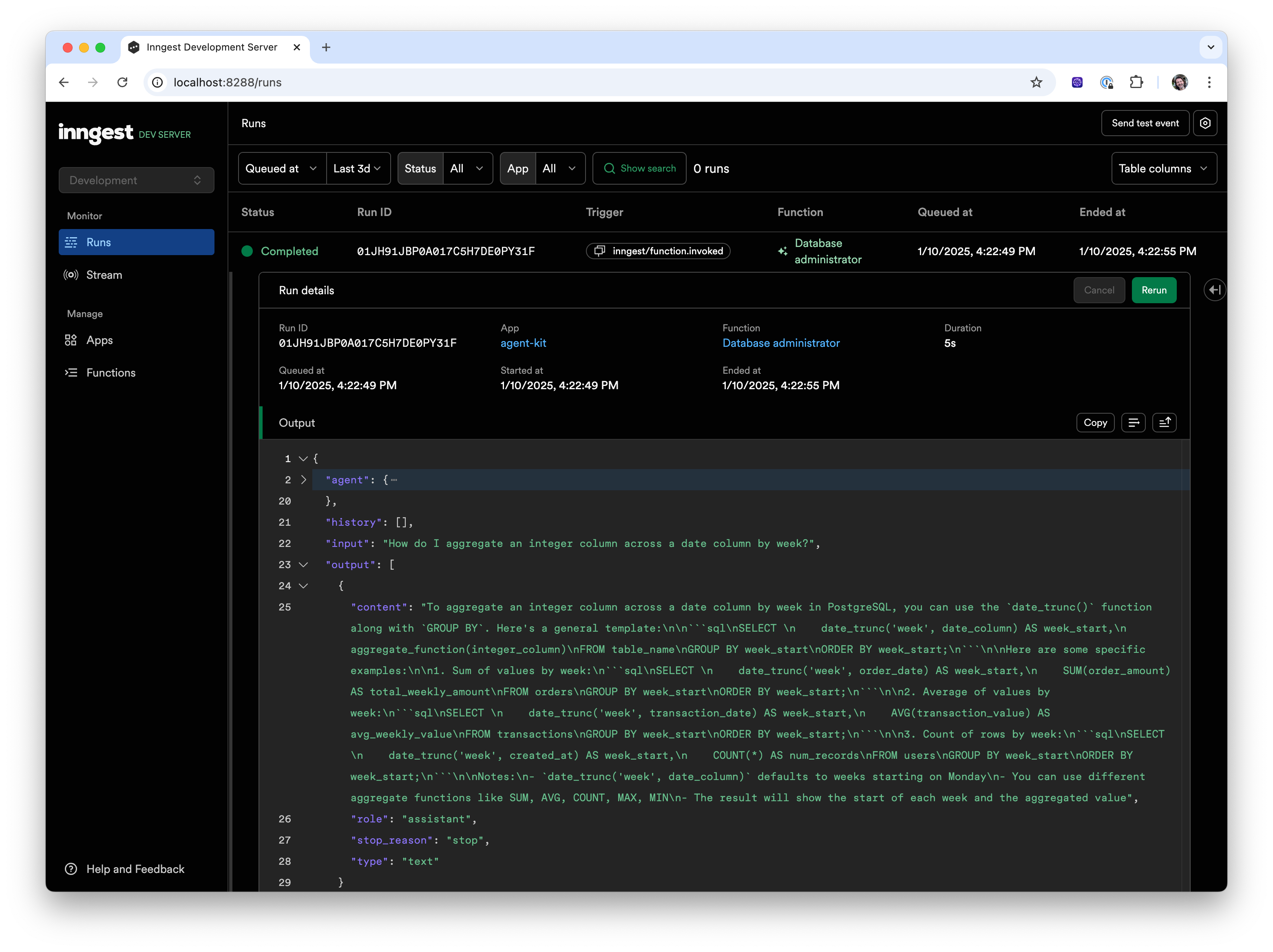 Inngest Dev Server agent run