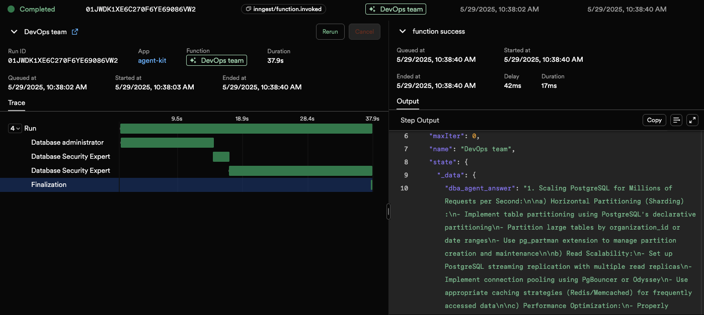 Inngest Dev Server agent run
