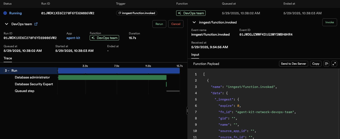 Inngest Dev Server agent run