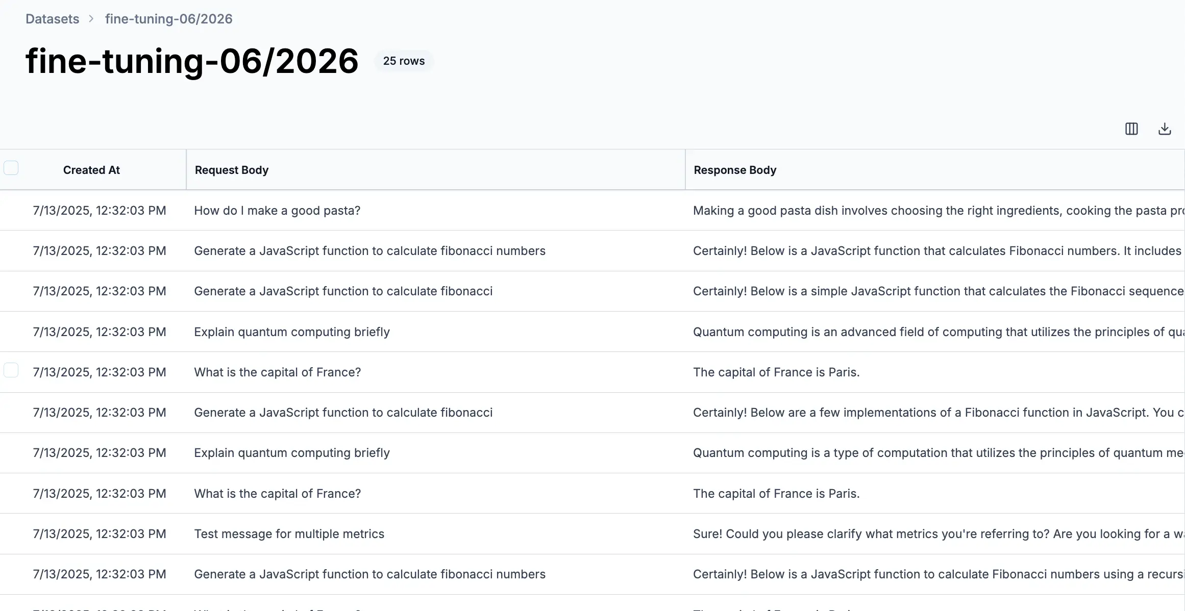 Planck datasets dashboard with list of datasets and their metadata