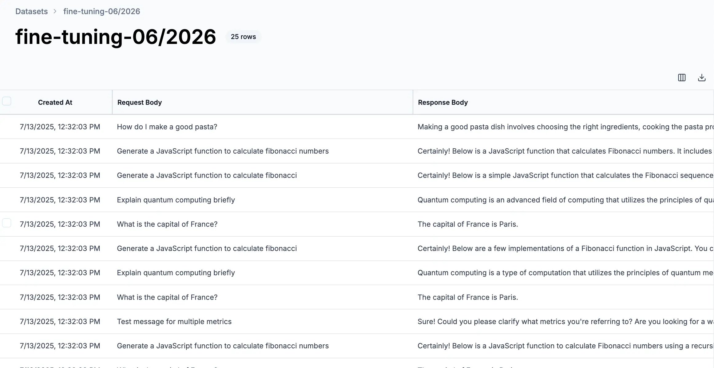 Planck datasets dashboard with list of datasets and their metadata