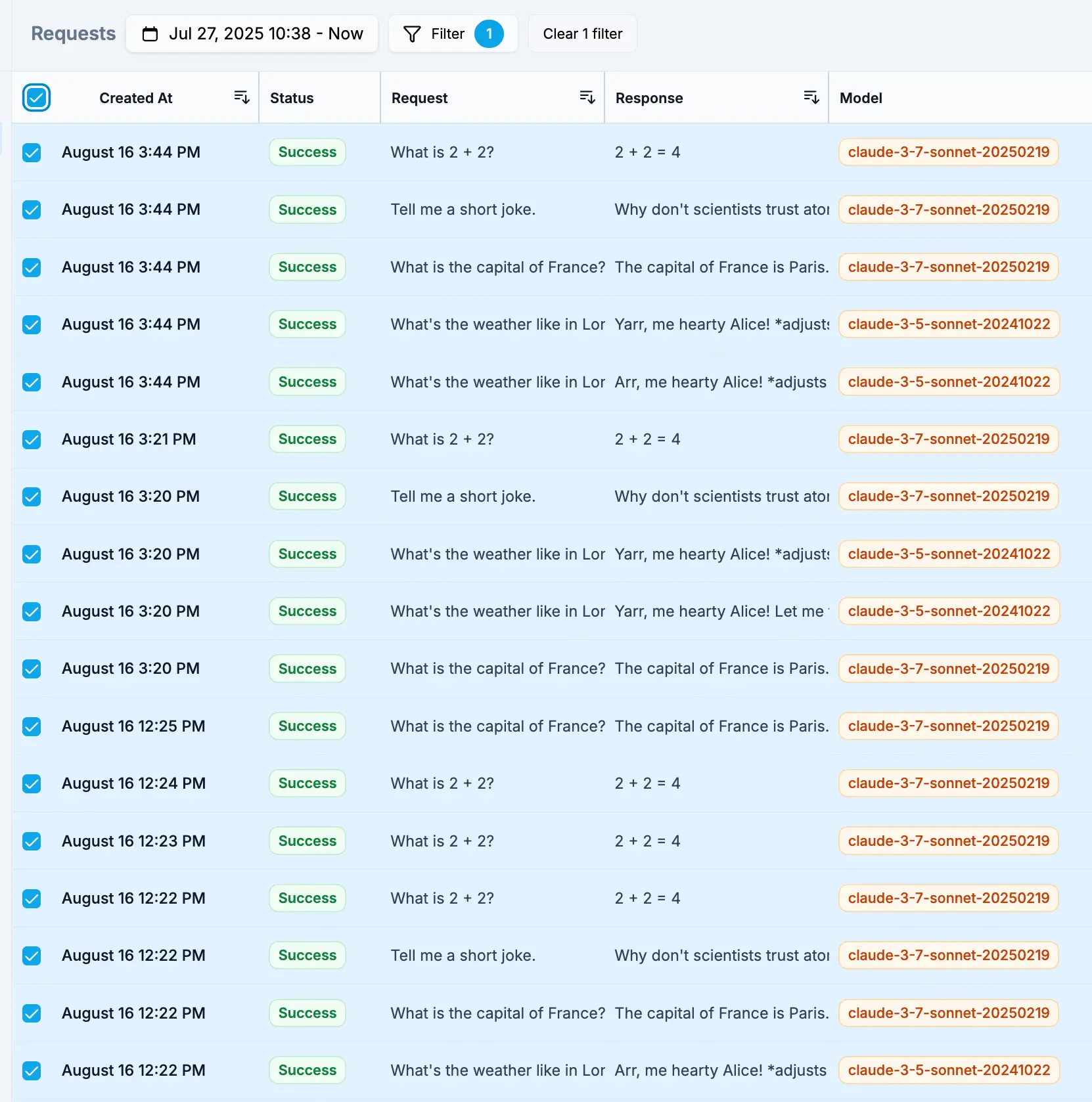 Selecting multiple requests to add to dataset