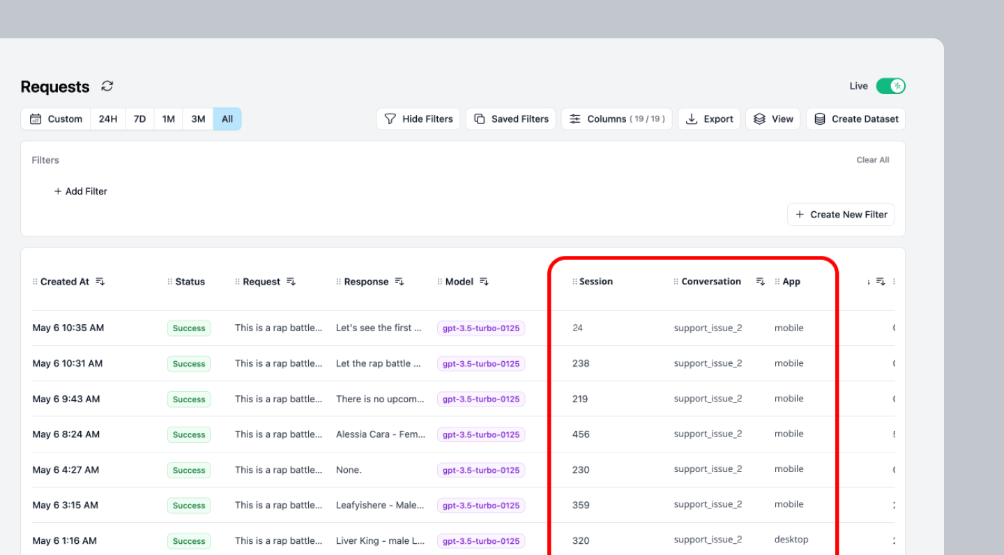 Planck Custom Properties feature for filtering and segmenting data in the Request table.