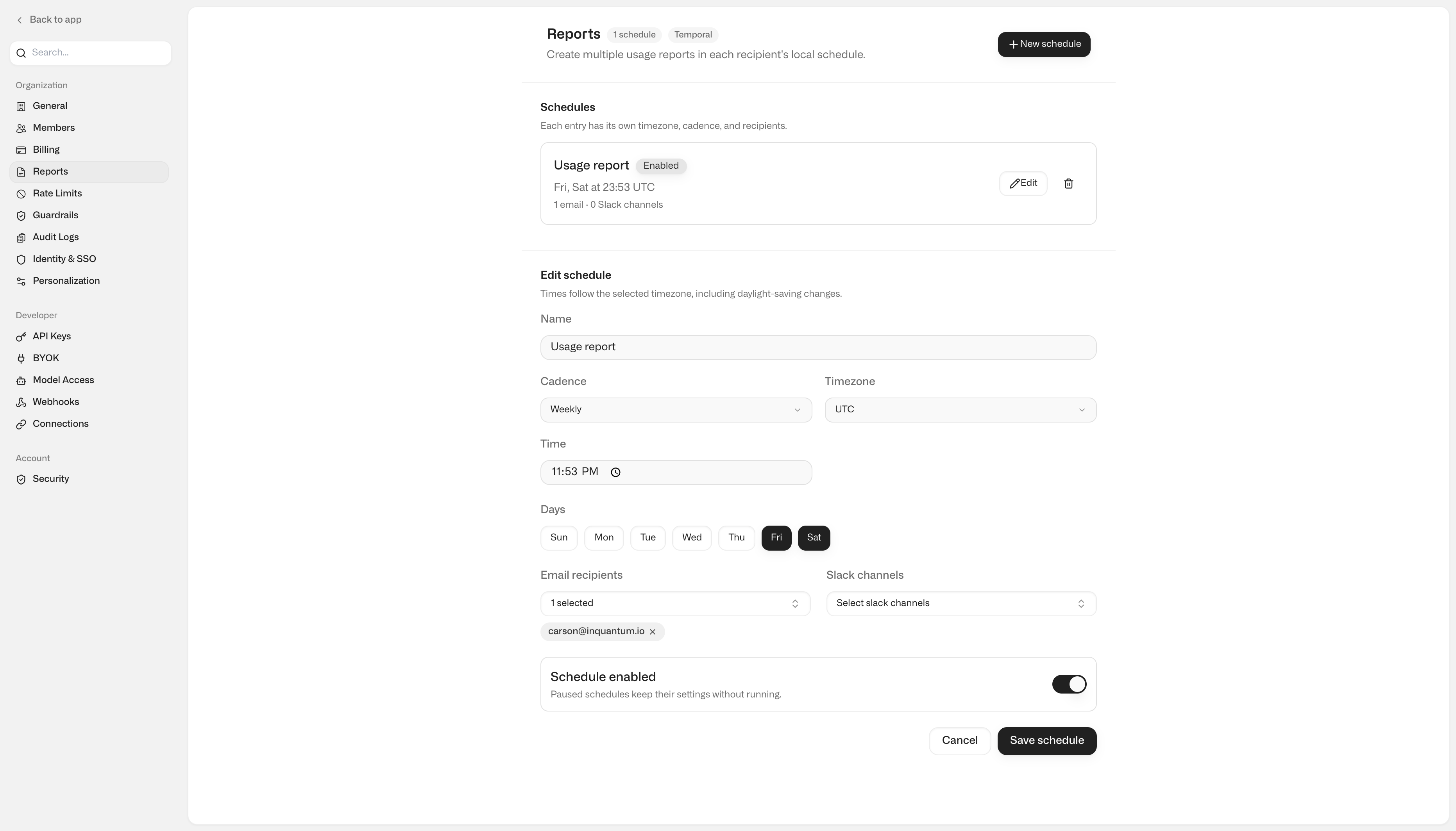 Report configuration interface showing email and Slack delivery options