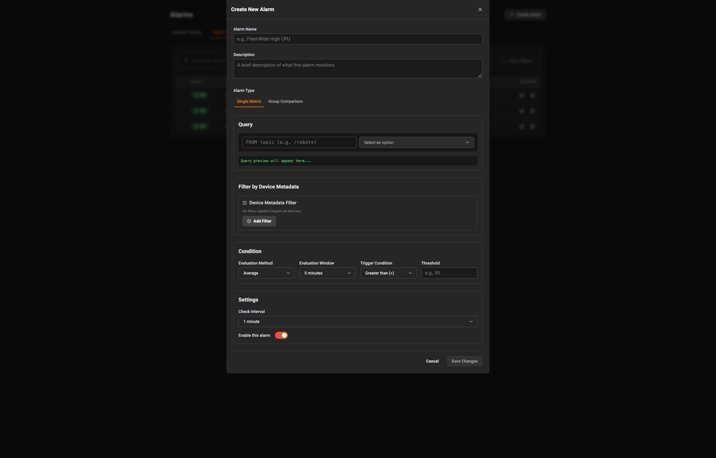 Create Alarm form placeholder