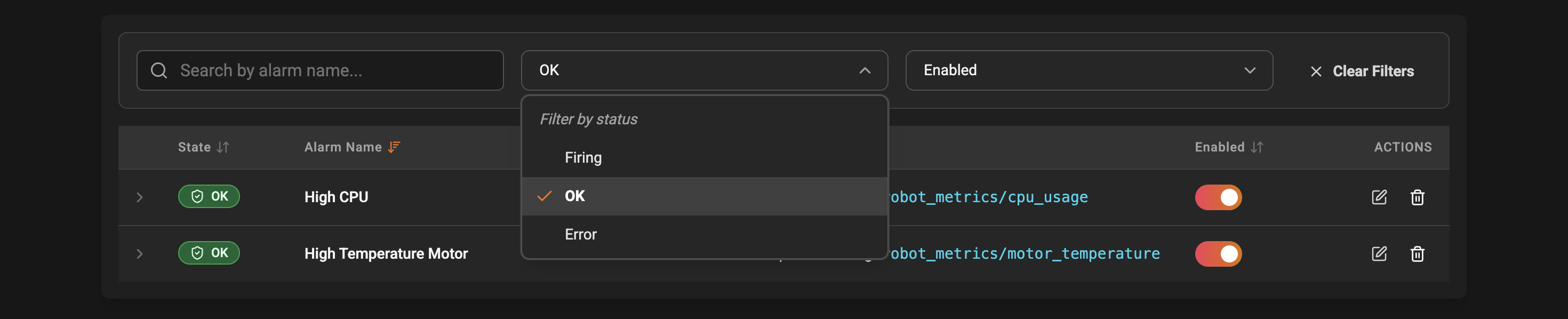 Alarms filters placeholder