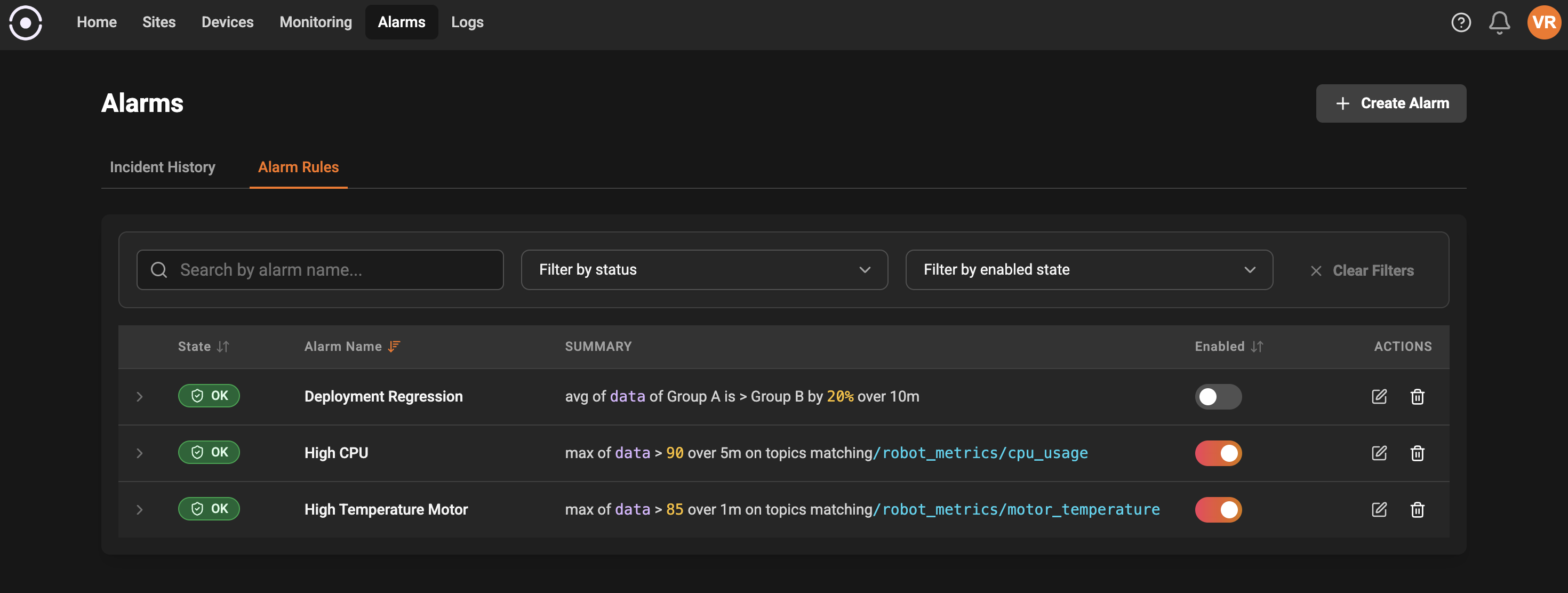 Alarms main view placeholder