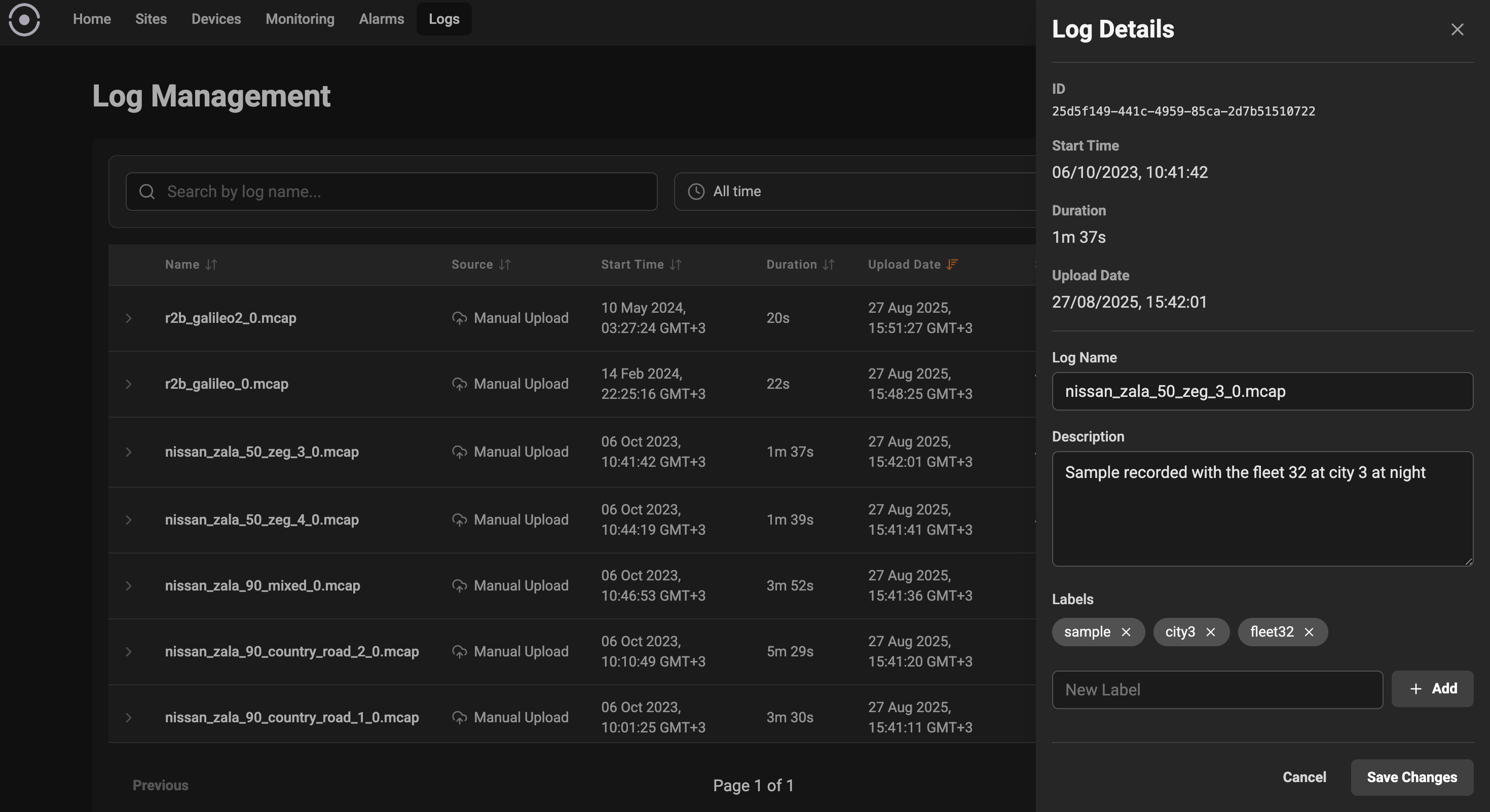 Log Details Sidebar