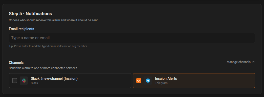 Alarm channel selection screenshot