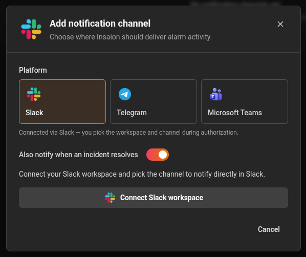 Slack channel connection screenshot