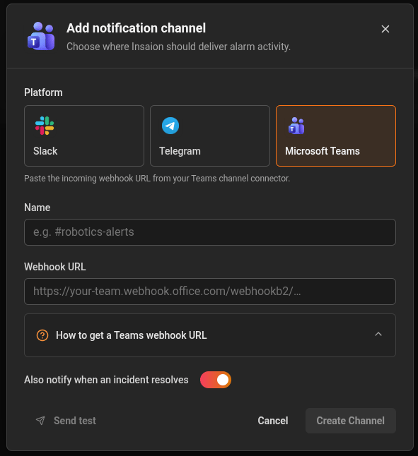 Teams channel connection screenshot