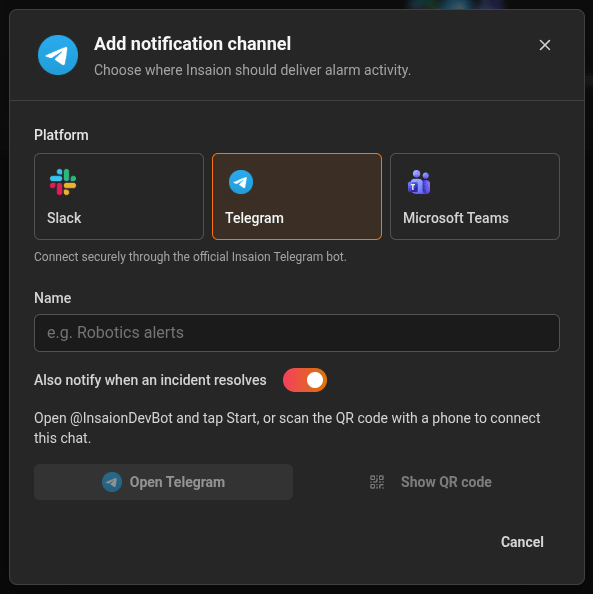 Telegram channel connection screenshot